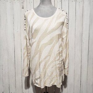 Chico's M Tunic Sweater Cream Gold Animal Print Shimmer Glam Y2K 80s 90s Cottage